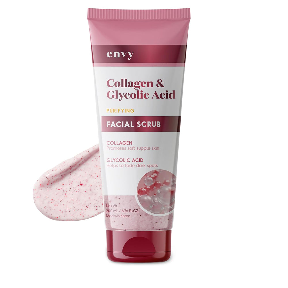 Envy collagen-glycolic scrub jar shows creamy texture for gentle exfoliation.