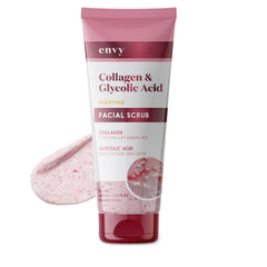 Envy collagen-glycolic scrub jar shows creamy texture for gentle exfoliation.