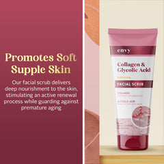 Envy collagen-glycolic scrub texture closeup highlights micro-exfoliants for refined pores.
