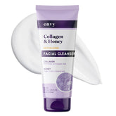 Envy facial cleanser bottle front view highlighting collagen and honey for hydration