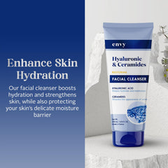Envy cleanser ingredient close-up highlights hyaluronic acid and ceramides for hydration.