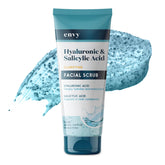 Envy face scrub bottle shows hydrating formula for a refreshed, dewy look.