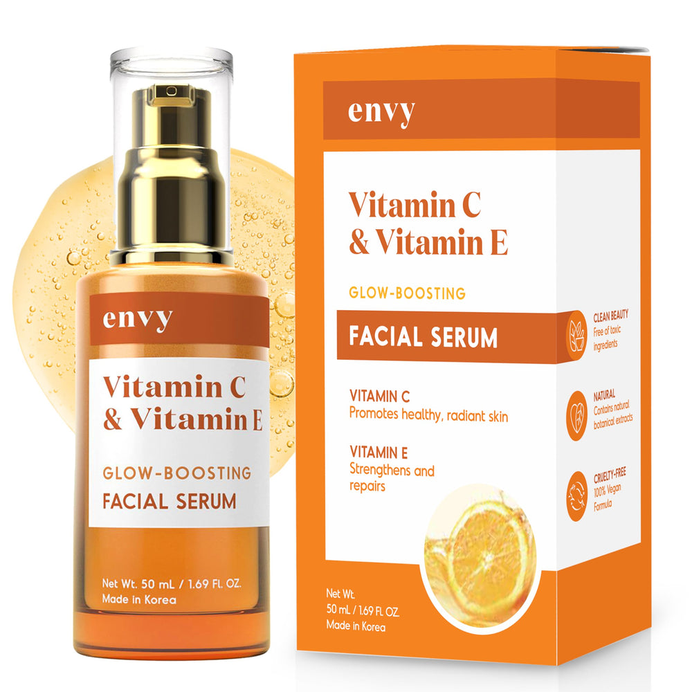 Envy Vitamin C Serum bottle displays branding and a glow-ready finish.