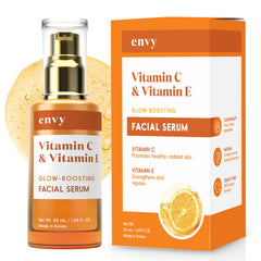 Envy Vitamin C Serum bottle displays branding and a glow-ready finish.