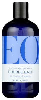 EO Bubble Bath Serenity French Lavender Aloe bottle pouring hydrating foam