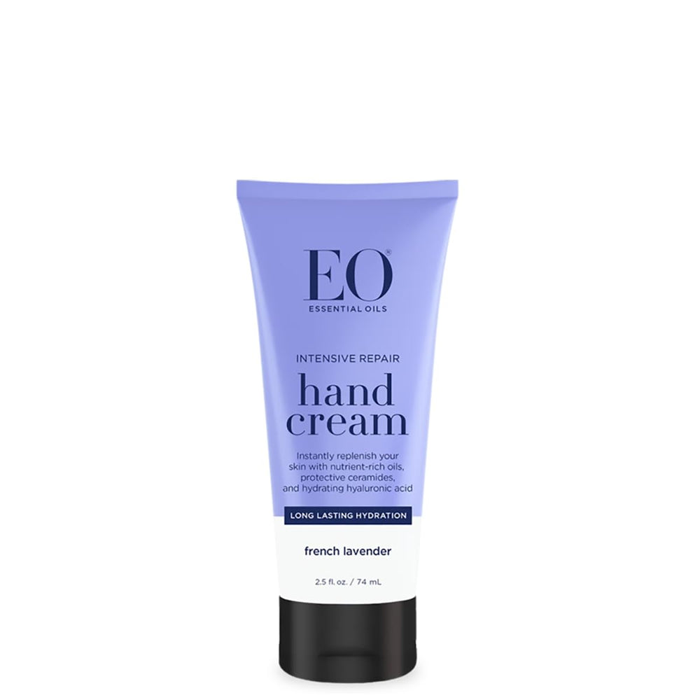 EO Hand Cream Lavender bottle shows fragrance-free, hydrating formula for daily hand care.