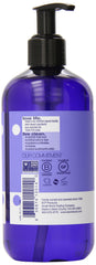 Close-up of lavender-scented EO hand soap foam on skin during washing.