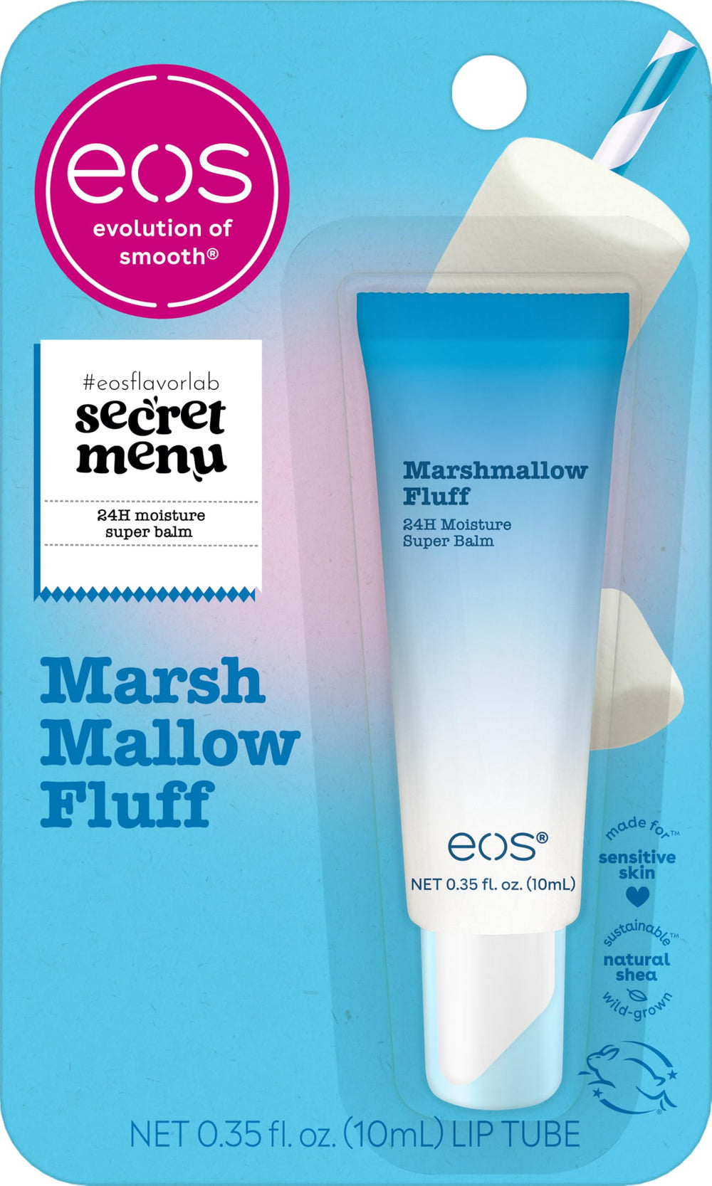 eos Marshmallow Fluff Super Balm packaging highlights sustainable formula and cozy pink design.