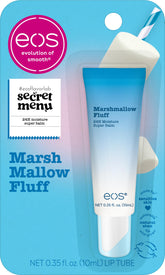 eos Marshmallow Fluff Super Balm packaging highlights sustainable formula and cozy pink design.