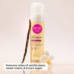 eos Vanilla Bliss shave cream label closeup highlighting shea butter and aloe benefits