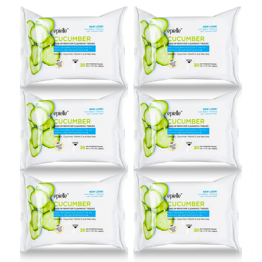 Epielle cucumber makeup remover wipes in a six-pack for on-the-go cleansing.