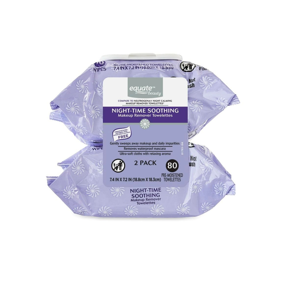 Equate night-time soothing makeup remover towelettes 80-count pack, travel-friendly.