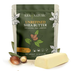 Era of Nature raw shea butter packaging highlights premium unrefined quality for skincare applications.