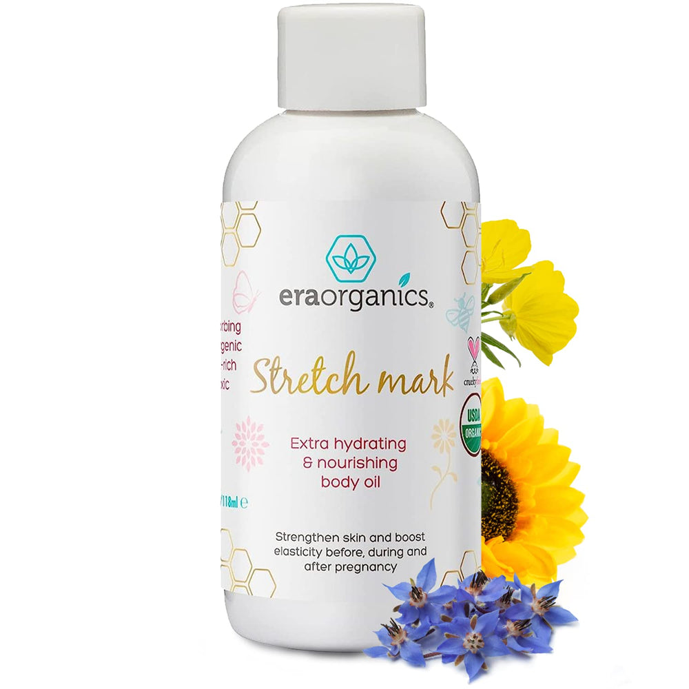 Era Organics stretch-mark oil belly-application nourishes growing skin during pregnancy.