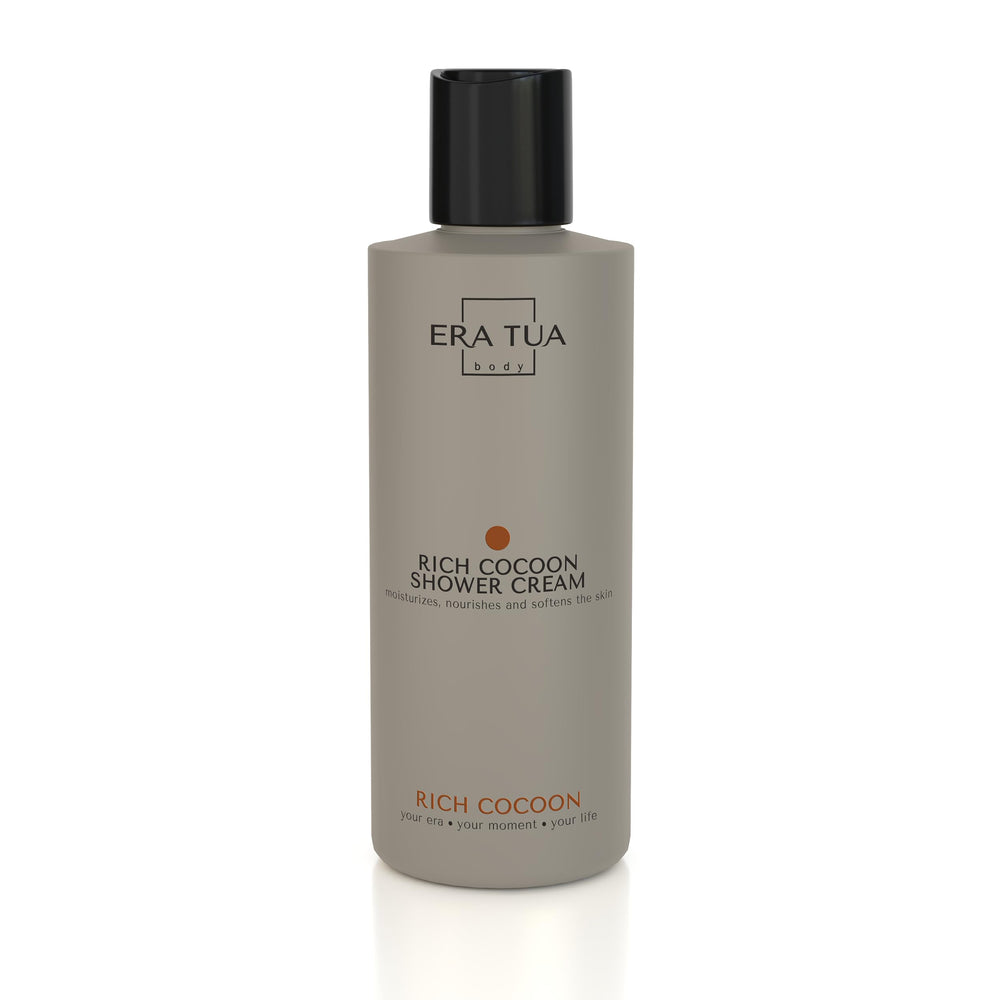 Era Tua Rich Cocoon Shower Cream bottle emphasizes hydrating formula for daily skin nourishment.