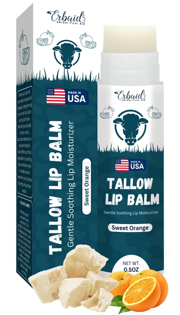 Erbaid beef tallow lip balm orange stick nourishes lips with lasting moisture.