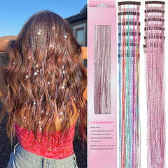 EROADE hair tinsel clip-in extensions add pink multicolor sparkle to hair for party styling