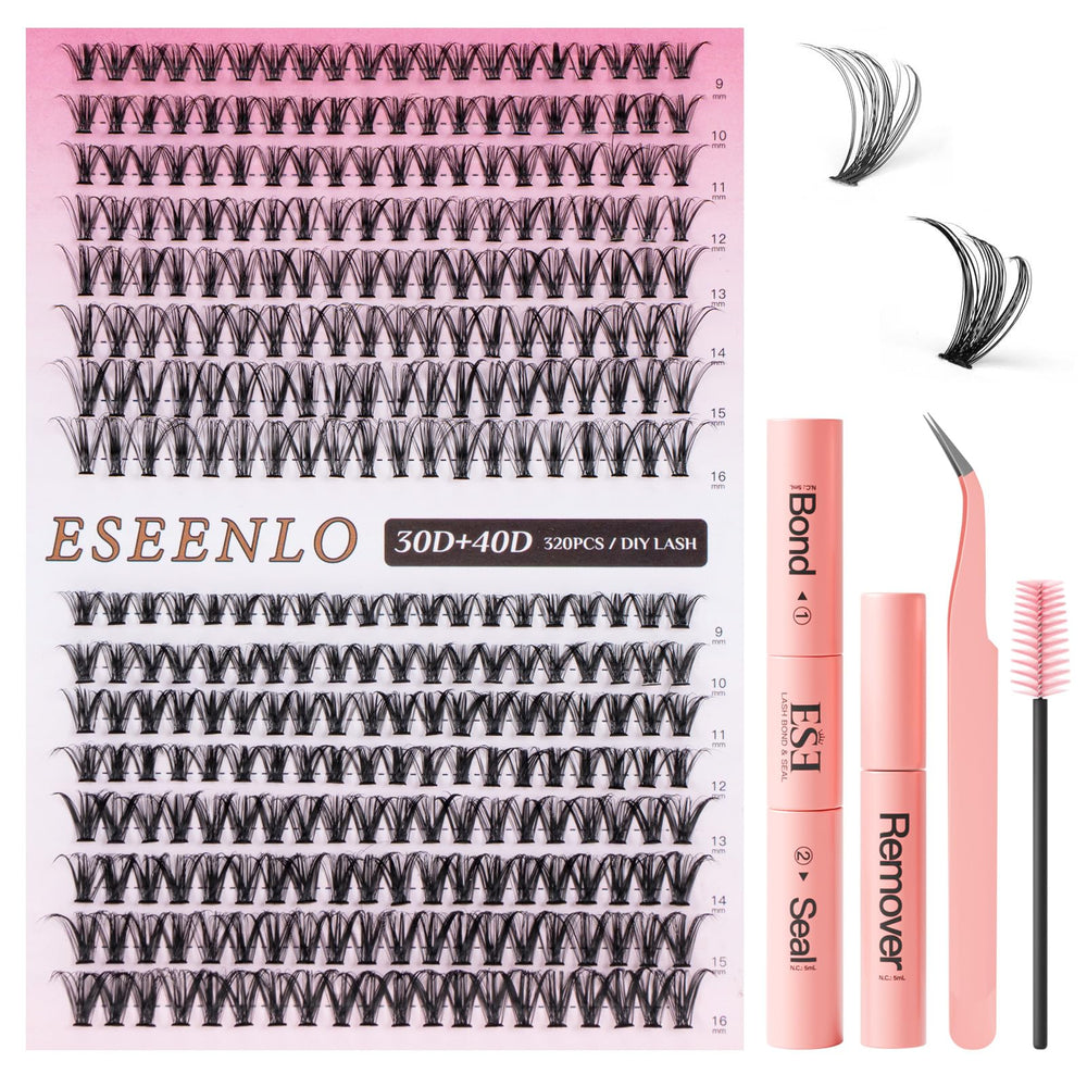 ESEENLO lash extension kit box with 320 clusters for at-home use.