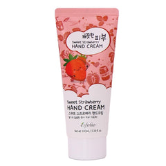 Esfolio Sweet Strawberry Hand Cream tube close-up, showcasing smooth texture for quick hydration.