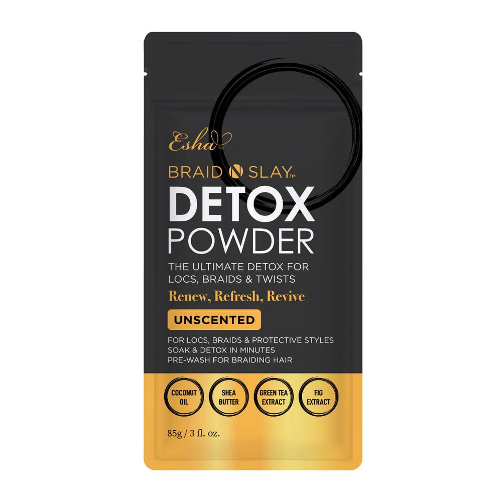 Esha Braid N Slay Detox Powder bottle shown for a gentle scalp cleanse.