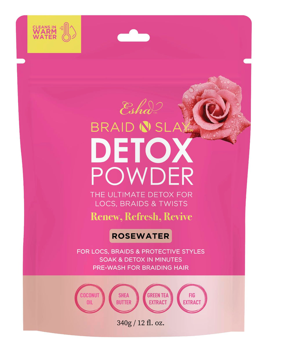 Esha Braid N Slay Detox Powder bottle for gentle scalp cleanse of braids