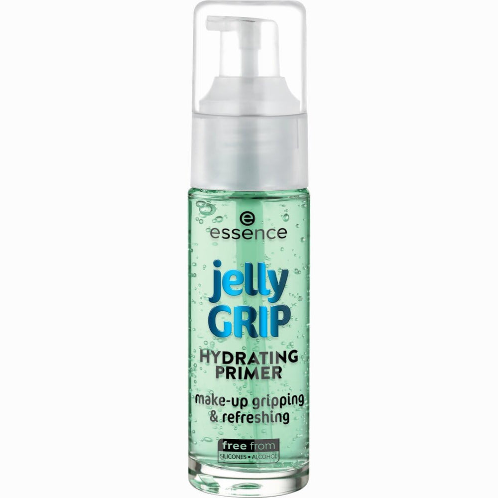 essence Jelly Grip Hydrating Primer pump display showing grip for long-lasting makeup