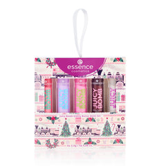 Essence Juicy Butter Balm packaging with festive holiday design, gift-ready appeal.