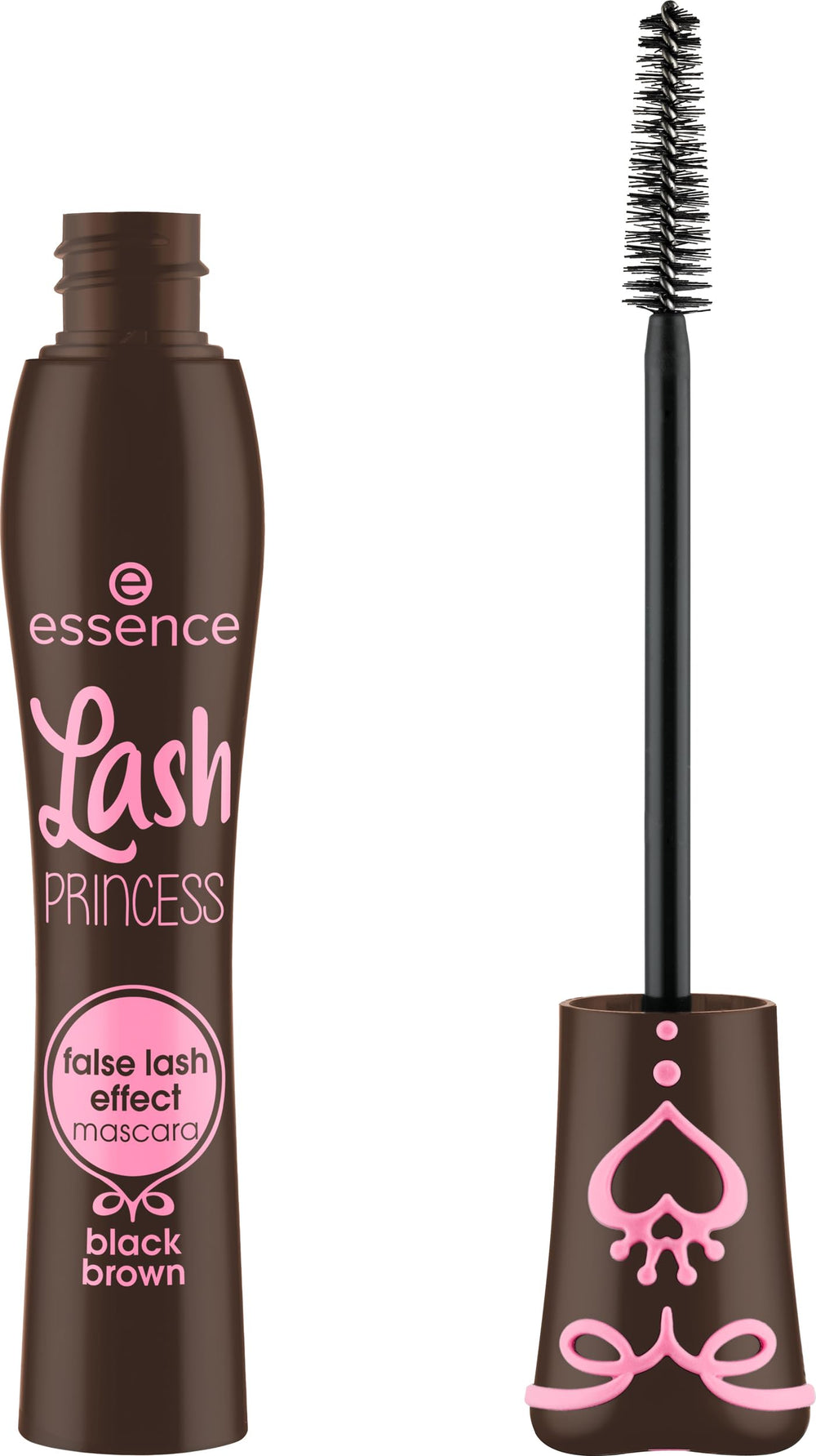 essence Lash Princess Brown mascara bottle close-up for natural volume.