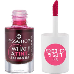 essence What a Tint lip and cheek tint close-up shows precise application for even color.