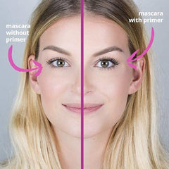essence White Primer application step close-up shows even lash coverage before mascara.