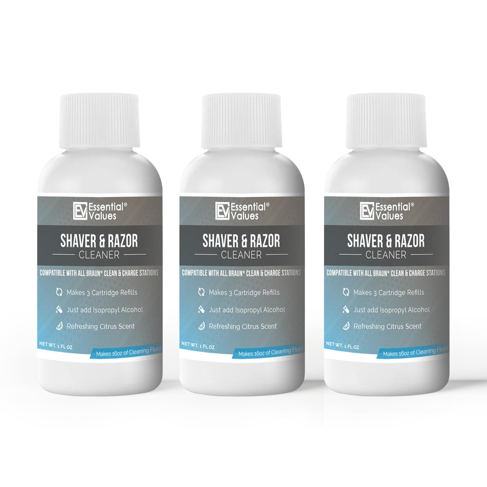 Essential Values electric shaver cleaning solution bottle with citrus scent keeps your shave fresh
