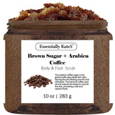 Essentially KateS brown sugar coffee scrub jar close-up for radiant, smooth skin.