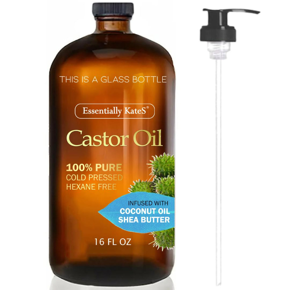 Essentially KateS Castor Oil glass bottle with pump for easy application.