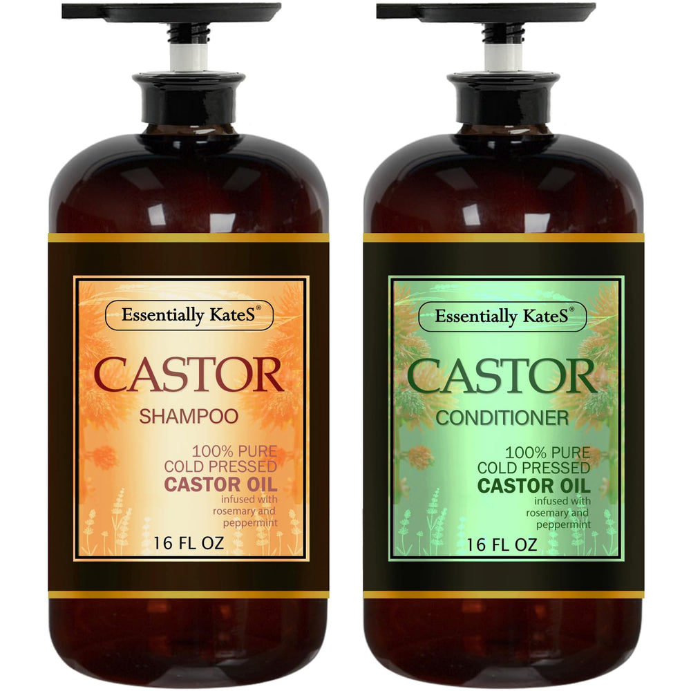 Essentially KateS Castor Oil Shampoo bottle with rosemary mint for scalp stimulation and fuller-looking hair.