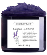 Essentially KateS Lavender Salt Scrub jar with creamy exfoliation and lavender aroma.