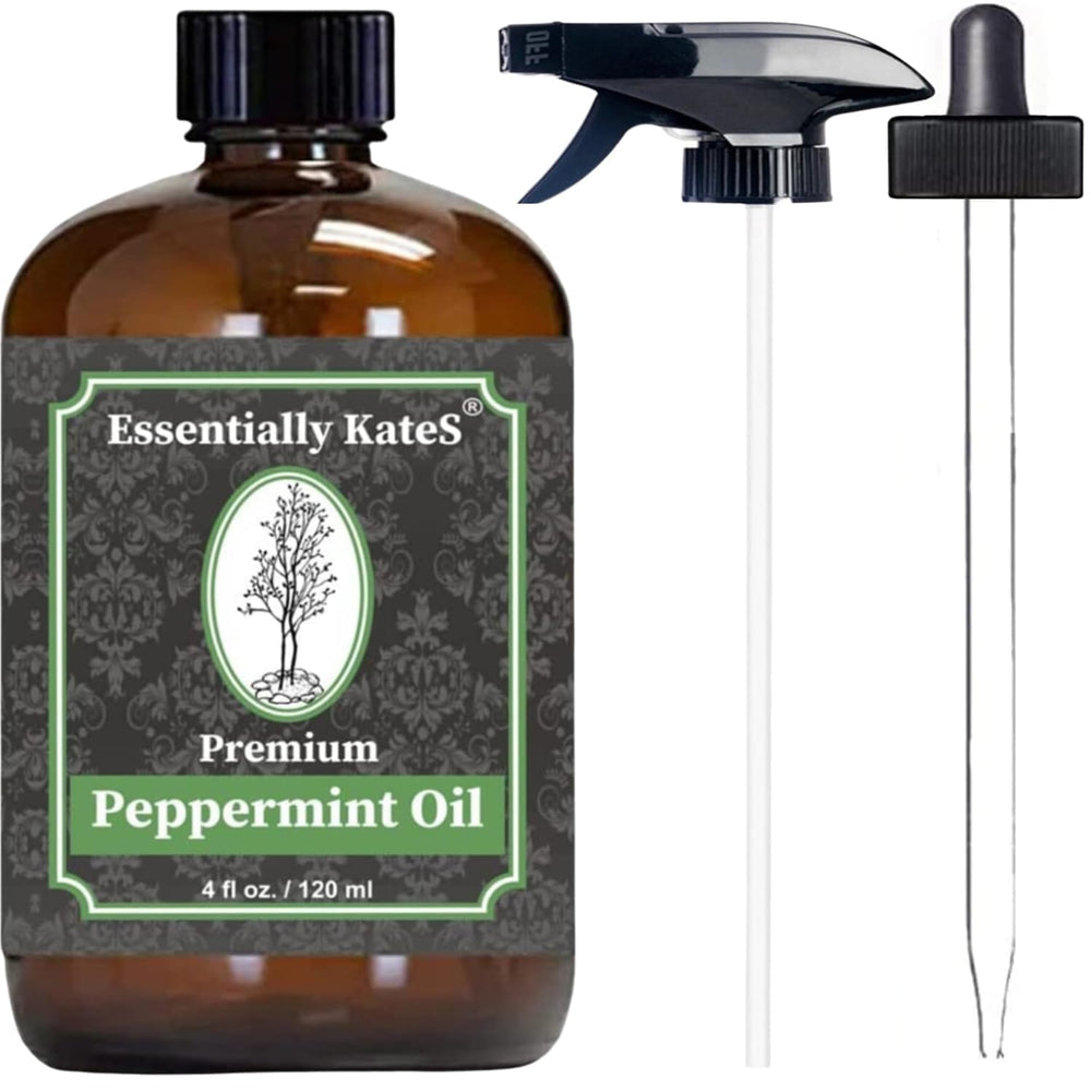 Essentially KateS Peppermint Oil bottle with dropper and sprayer for refreshing aromatherapy and skin care