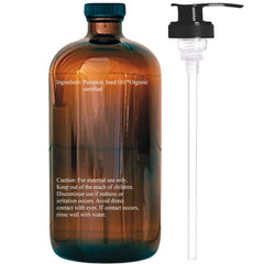 Label close-up shows premium organic pumpkin seed oil.