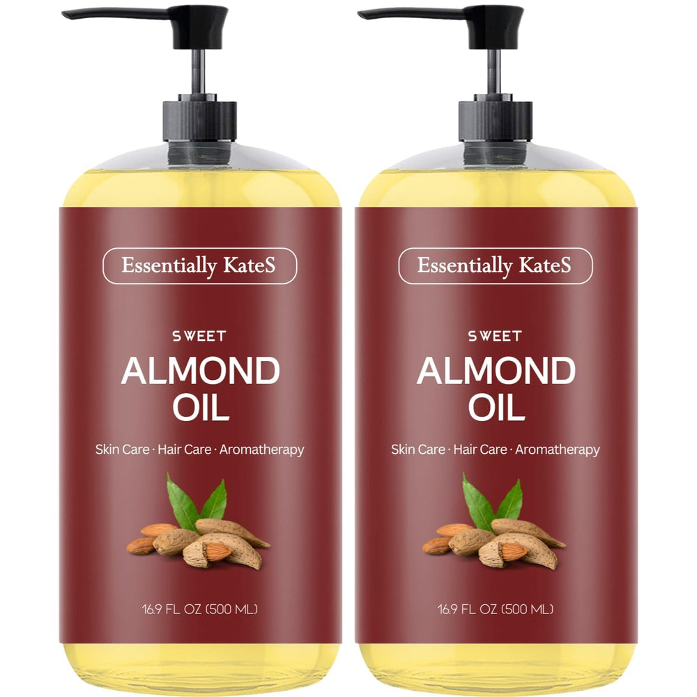 Essentially KateS Sweet Almond Oil bottle shown for nourishing, hydrated skin.