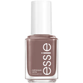 essie Crochet Away nail polish bottle shows grayish brown cream finish with glossy shine.
