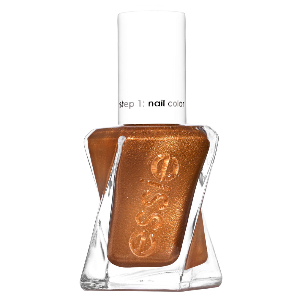 essie Gel Couture Sunrush Gold bottle closeup shows a sparkly copper finish for longwear wear.