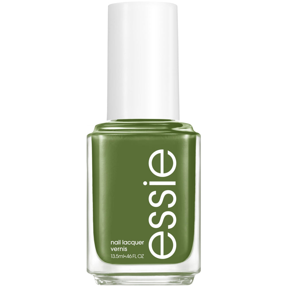 essie Patch It Up bottle with green nail polish for a bold fall manicure.