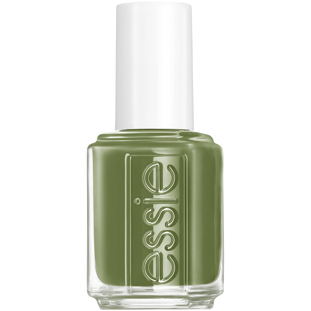 essie win me over nail polish bottle shows creamy khaki-green shade with a glossy finish