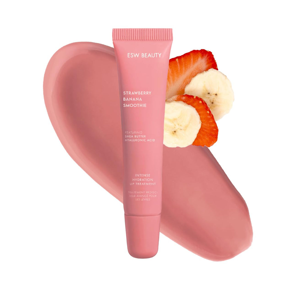 ESW Beauty Strawberry Banana Smoothie Lip Treatment application swatch with a hydrating pink nude tint.
