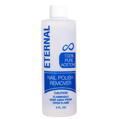 Eternal acetone bottle close-up showing purity for quick nail polish removal.