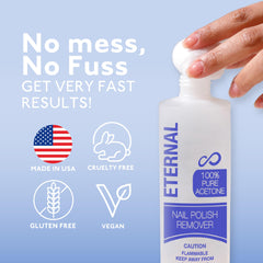 Eternal acetone cotton application demonstrates easy, mess-free removal from nails.