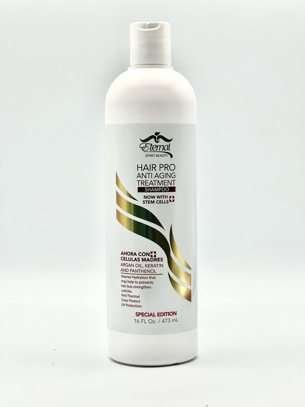 Eternal Hair Pro Treatment Shampoo bottle highlighting Swiss stem cells for nourished, glossy hair.