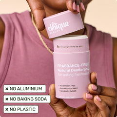 Ethique Minimalist Unscented Deodorant Stick ingredients reveal zinc oxide and bamboo powder for odor management.