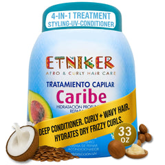 Etniker Caribe leave-in conditioner bottle for curly hair with lightweight moisture and UV protection.