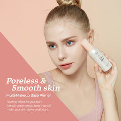 ETUDE primer texture close-up reveals creamy coral base blending into milky skin.