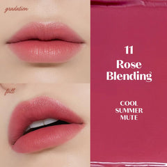 Etude Fixing Tint Rose Blending liquid lip swatch on lips with lightweight matte feel.
